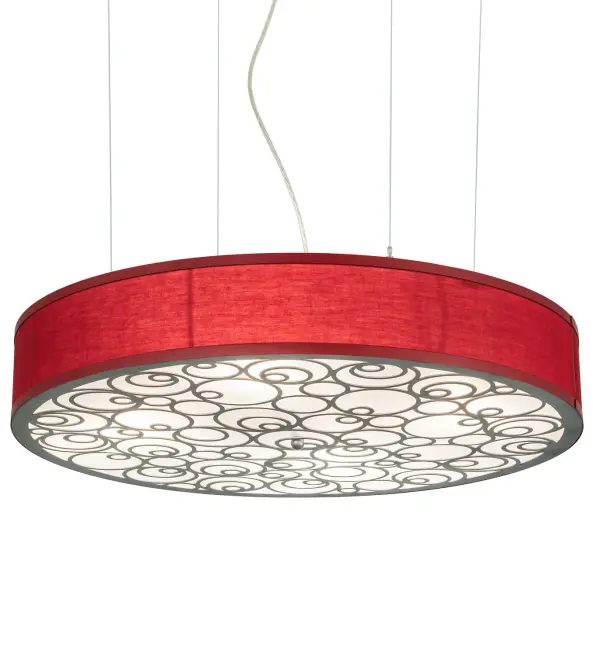 An elegant, elaborate spiral design highlights the bottom Crystal Idalight diffuser of this architecturally designed pendant. The perimeter features a Regimental Red laminate with hardware hand finished in Nickel. The fixture is custom crafted by skillful artisans in our 180,000 square foot manufacturing facility in Yorkville, New York. Custom sizes, styles, colors and dimmable energy efficient lamping options are available. The pendant is UL and cUL listed for dry and damp locations. Collection: Cilindro Finish: Nickel Powder/Regimental Red Glass: Contrail Mist Acrylic Diffuser Width: 30.00" Height: 10.00" Length: 30.00" Weight: 20.00 lb Number of Bulbs: 4 Maximum Wattage: 60.00 W Bulb Type: A19 Bulb Base: E26 Material: Steel Country of Origin: USA Safety Listing: Damp Safety Rating: Damp