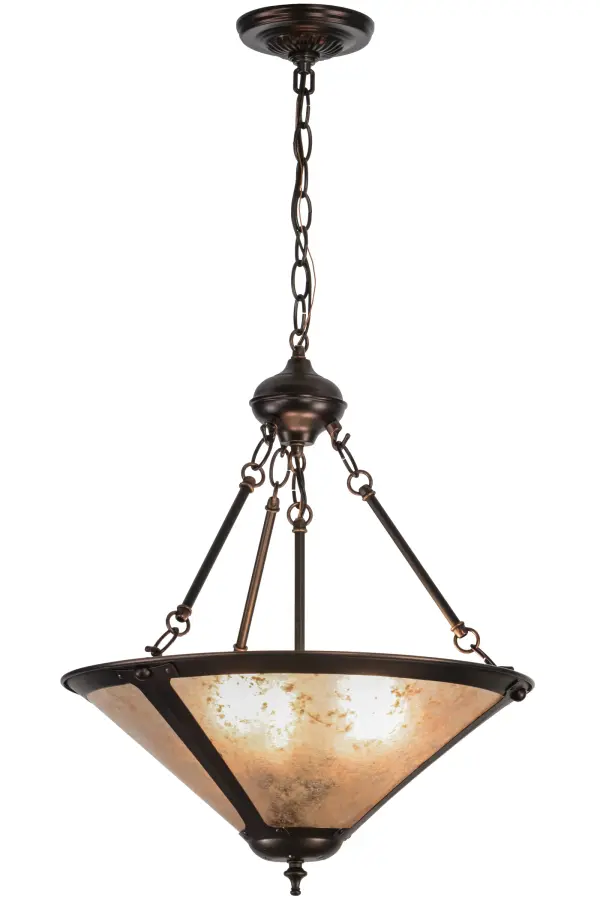 In the tradition of American master craftsman Dirk Van Erp; this appealing hand finished Mahogany Bronze frame glows with the warmth of the natural Silver Mica within. This handsome pendant was created by the hands of Meyda Craftsman at its manufacturing facility in Upstate New York in the USA. Custom sizes; styles and colors are available; as well as dimmable; energy efficient lamping options.