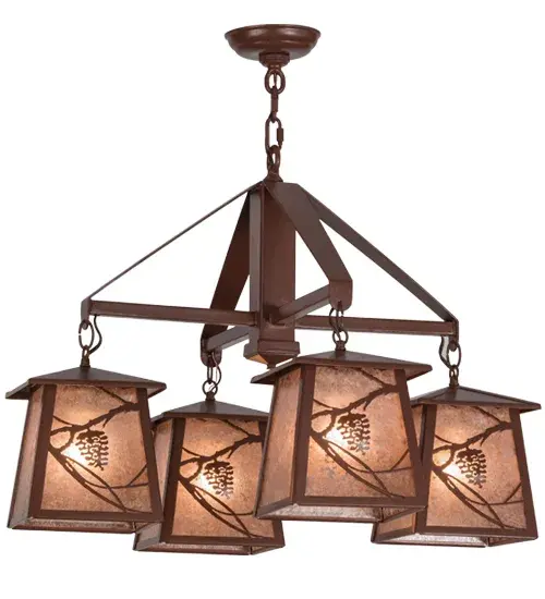 Listen closely. You can almost hear the soft whisper of the pine branches as they dance in the wind. Enjoy the warm ambiance of soft beautiful light diffused through Silver Mica featuring stunning pinecone and pine branch designs. The fixture is hand finished in handsome Rust and handcrafted by Meyda Artisans in Yorkville, New York, at the foothills of the Adirondack Mountains Collection: Whispering Pines Finish: Rust Glass: Silver Mica Width: 28.00" Height: 25.00" Length: 28.00" Weight: 25.00 lb Number of Bulbs: 4 Maximum Wattage: 60.00 W Bulb Type: A19 Bulb Base: E26 Material: Steel Country of Origin: USA Safety Listing: Damp Safety Rating: Damp - alternate view