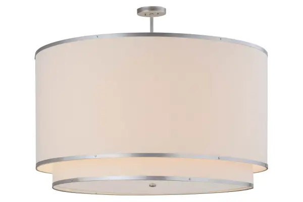 Designed for a clean architectural look specified in today's modern interiors, this transitional fixture is designed with two tiers featuring pristine Natural Textrene shades with a Statuario Idalight bottom diffuser. The canopy and hardware are featured in a Nickel finish. The pendant is ideal for illuminating a conference room, foyer, lobby and other large spaces and is custom crafted by highly skilled artisans in our 180,000 square foot manufacturing facility in Yorkville, New York. Custom styles, colors and sizes are available, as well as dimmable energy efficient lamping options. The pendant is UL and cUL listed for dry and damp locations. Collection: Cilindro Finish: Nickel Glass: Natural Textrene Width: 48.00" Height: 30.00" Length: 48.00" Weight: 35.50 lb Number of Bulbs: 8 Maximum Wattage: 60.00 W Bulb Type: A19 Bulb Base: E26 Material: Steel Country of Origin: USA Safety Listing: Damp Safety Rating: Damp