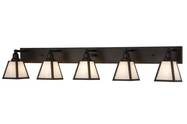 An impressive linear Mission design; five White art glass shades with straight line profiles are embraced by steel hardware featured in a warm Craftsman Brown finish. The fixture is ideal as a vanity light to illuminate baths or a sconce used in corridors. This fixture is custom crafted by Meyda artisans in Upstate New York. Custom sizes; styles; colors and dimmable; energy-efficient lamping options are available.