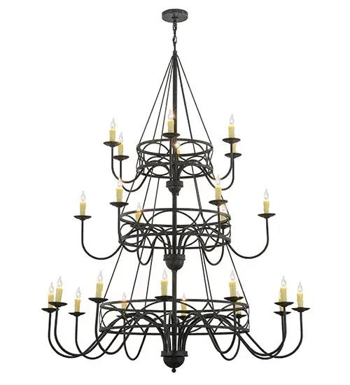 An exquisite 3-tier chandelier design comes to light with all the sparkle of a regal castle; conjuring up images of royal romantic days. 24 Ivory faux candlelights perched on bobeches are embraced by curved arms in an Antique Iron Gate finish. The overall height ranges from 81 to 177 inches; as the chain length can be easily adjusted in the field to accommodate your specific lighting application needs. The Polonella Chandelier is featured in our American-made; American-designed; handmade Traditional Lighting Collection. Manufactured in Yorkville; NY. UL & cUL listed for dry and damp locations. - alternate view