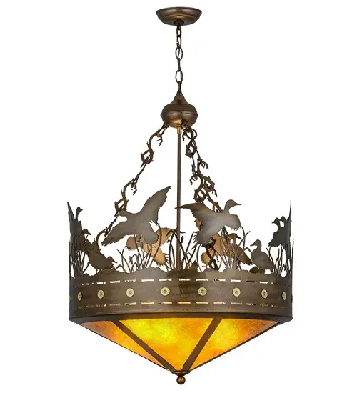 Ducks splash and fly among the cattails and marsh grasses in this wildlife inspired original lighting fixture. Beautiful ambient lighting is projected through Amber Mica with the hardware and decorative accents hand finished inAntique Copper while Solid Copper accents adorn the sturdy trim. Handcrafted in the USA by Meyda artisans in the Yorkville, NY manufacturing facility which is located at the foothills of the glorious Adirondack Mountains.Wildlife and other custom designs are available, as well as dimmable energy efficient lamping options. Collection: Ducks In Flight Finish: Antique Copper Glass: Amber Mica Width: 24.00" Height: 37.00" Length: 24.00" Weight: 19.00 lb Number of Bulbs: 4 Maximum Wattage: 60.00 W Bulb Type: A19 Bulb Base: E26 Material: Steel Country of Origin: USA Safety Listing: Damp Safety Rating: Damp - alternate view