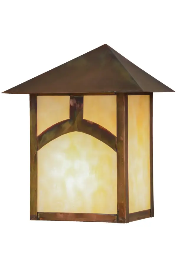 A clean look inspired by the Arts & Crafts movement. Custom crafted of Solid Copper, this abstract hilltop design is featured on Beige art glass and enhanced by hardware finished in a handsome Vintage Copper. Also available in Solid Brass. Ideal for indoor and exterior applications. Custom crafted by the hands of Meyda artisans in Yorkville, New York. Custom colors, styles and sizes available. Energy efficient lamping options. Collection: Seneca Finish: Vintage Copper Glass: Beige Art Glass Width: 9.00" Height: 11.00" Length: 5.50" Weight: 4.00 lb Extension from Wall: 5.50" Number of Bulbs: 1 Maximum Wattage: 60.00 W Bulb Type: A19 Bulb Base: E26 Material: Steel Country of Origin: USA Safety Listing: Wet Safety Rating: Wet