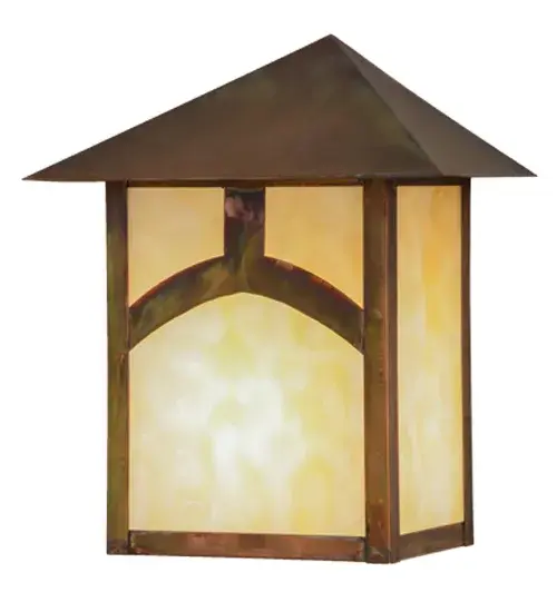 A clean look inspired by the Arts & Crafts movement. Custom crafted of Solid Copper, this abstract hilltop design is featured on Beige art glass and enhanced by hardware finished in a handsome Vintage Copper. Also available in Solid Brass. Ideal for indoor and exterior applications. Custom crafted by the hands of Meyda artisans in Yorkville, New York. Custom colors, styles and sizes available. Energy efficient lamping options. Collection: Seneca Finish: Vintage Copper Glass: Beige Art Glass Width: 9.00" Height: 11.00" Length: 5.50" Weight: 4.00 lb Extension from Wall: 5.50" Number of Bulbs: 1 Maximum Wattage: 60.00 W Bulb Type: A19 Bulb Base: E26 Material: Steel Country of Origin: USA Safety Listing: Wet Safety Rating: Wet - alternate view