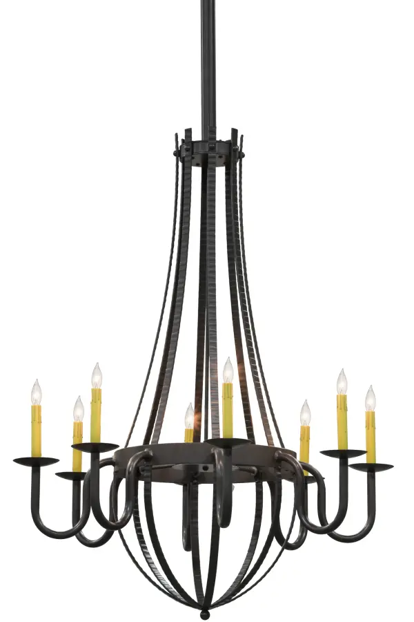 Inspired by antique staves traditionally bound by wooden or metal hoops in the construction of beer barrels and wine casks; this Timeless Bronze finished steel chandelier is accented with eight delicate faux candles suspended from sturdy arms and bobeches. Rustic charm blends with Gothic beauty as this fixture is ideal for a wide range of lighting applications. This chandelier is custom crafted by highly skilled artisans in our 180;000 square foot manufacturing facility in Yorkville; New York. Custom sizes; styles; colors and dimmable energy efficient lamping options are available. The chandelier is UL and cUL listed for dry and damp locations.