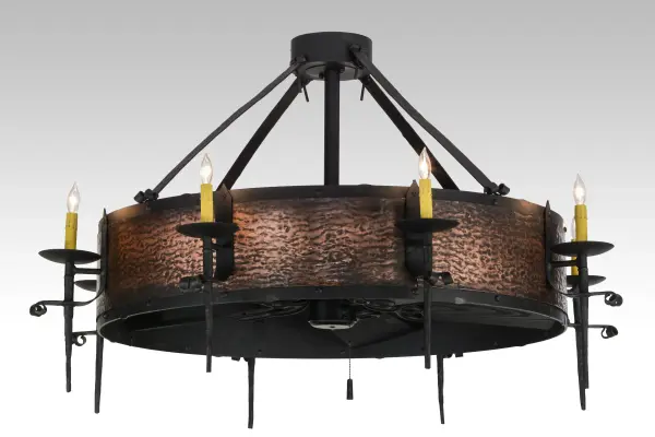 Innovation never looked so good with this breathtaking custom lighting fixture that integrates ceiling fan technology. This rich handsome design is featured in our award winning Chandel-Air collection. Enjoy beautiful light evoked from a Hand Hammered Blackened Textured Copper banded fixture which is complemented with a Costello Black finish. Eight Ivory faux candlelights for decorative lighting and eight downlights for task lighting. Gentle breezes are produced by the fan spinning quietly in the center. In summer, the fan pushes down a windchill that circulates to keep the space cool and comfortable. In winter, the fan is reversed to pull the room air up towards the ceiling and force the warm air back down and circulate to create warmth. Collection: Costello Finish: Blackened Copper Fb/Olok Glass: Costello Black Flat Black/Outdoor Light Oak Width: 50.00" Height: 30.00" Length: 50.00" Weight: 145.00 lb Number of Bulbs: 8 Maximum Wattage: 60.00 W Bulb Type: B10 Bulb Base: E12 Material: Steel, Copper Country of Origin: USA Safety Listing: Damp Safety Rating: Damp