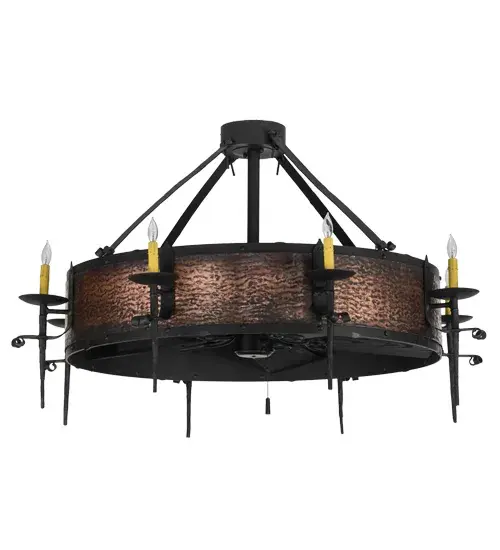 Innovation never looked so good with this breathtaking custom lighting fixture that integrates ceiling fan technology. This rich handsome design is featured in our award winning Chandel-Air collection. Enjoy beautiful light evoked from a Hand Hammered Blackened Textured Copper banded fixture which is complemented with a Costello Black finish. Eight Ivory faux candlelights for decorative lighting and eight downlights for task lighting. Gentle breezes are produced by the fan spinning quietly in the center. In summer, the fan pushes down a windchill that circulates to keep the space cool and comfortable. In winter, the fan is reversed to pull the room air up towards the ceiling and force the warm air back down and circulate to create warmth. Collection: Costello Finish: Blackened Copper Fb/Olok Glass: Costello Black Flat Black/Outdoor Light Oak Width: 50.00" Height: 30.00" Length: 50.00" Weight: 145.00 lb Number of Bulbs: 8 Maximum Wattage: 60.00 W Bulb Type: B10 Bulb Base: E12 Material: Steel, Copper Country of Origin: USA Safety Listing: Damp Safety Rating: Damp - alternate view