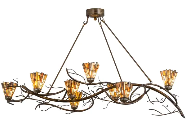 Thinly hand carved and polished natural Jadestone in earthy tones of Moss Green; Tan; Natural Ivory and Coral become luminescent in these eight unique tile patterned shades that appear to grow from solid steel Branches hand finished in Burnished Antique Copper. The natural stone shades are crafted using Meyda's famous copperfoil construction process that also creates Tiffany stained glass lamps and fixtures. Custom sizes; colors and designs are available; as well as dimmable energy efficient lamping options.