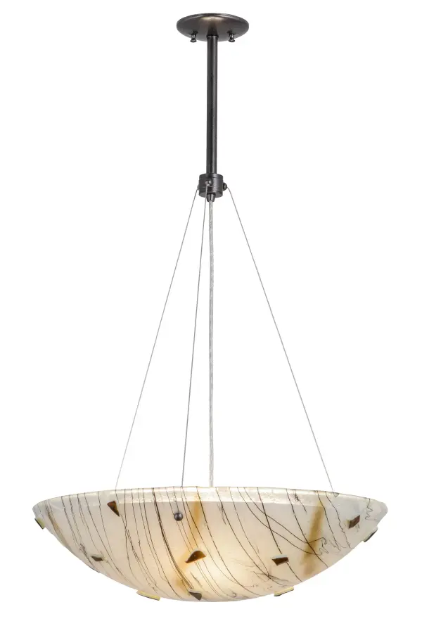 Italian for small branches or twigs;Ramoscelli defines American craftsmanship fused with European artistry in Purple Iridescent Frit and Black on White Iridescent and Clear glass. Stylistically dynamic; an energetic gesture of abstract and expressionism illuminates in an art glass centerpiece that is embraced by contemporary Cosmic Silver Vein finished cable and hardware. The pendant is handcrafted in Upstate New York; in the USA. Custom sizes; colors and designs are available; as well as dimmable energy efficient lamping options.