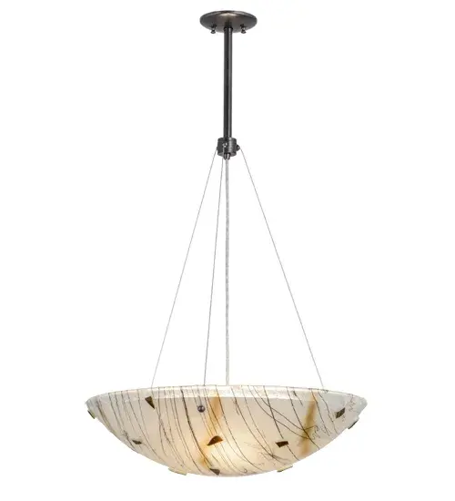 Italian for small branches or twigs;Ramoscelli defines American craftsmanship fused with European artistry in Purple Iridescent Frit and Black on White Iridescent and Clear glass. Stylistically dynamic; an energetic gesture of abstract and expressionism illuminates in an art glass centerpiece that is embraced by contemporary Cosmic Silver Vein finished cable and hardware. The pendant is handcrafted in Upstate New York; in the USA. Custom sizes; colors and designs are available; as well as dimmable energy efficient lamping options. - alternate view