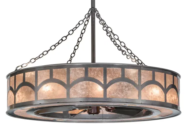 A fan-tastic; energy efficient decorating idea for a home; retail or hospitality location; this unique custom crafted Chandel-Air features an abstract hilltop design on Silver Mica with hardware and accents depicted in a Cosmic Silver Vein finish. This modern marvel combines a ceiling fan with a handsome lighting fixture that includes eight inner lights for decorative illumination; four uplights that provide ambience; and four downlights for task lighting- using up to four circuits to create three layers of light plus the fan operation. Handcrafted in Yorkville; New York by Meyda artisans; this energy saving Arts & Crafts inspired "Chandel-Air" pulls hot air up and keeps the space cool in the summer; and reversed in the winter to push down hot air and maintain warmth. Dimmable energy efficient lamping options are available.