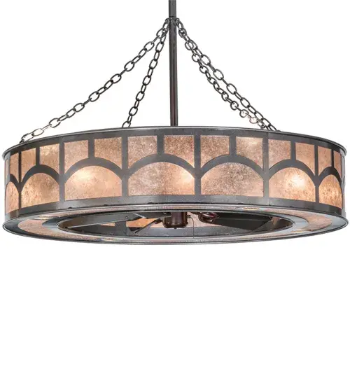 A fan-tastic; energy efficient decorating idea for a home; retail or hospitality location; this unique custom crafted Chandel-Air features an abstract hilltop design on Silver Mica with hardware and accents depicted in a Cosmic Silver Vein finish. This modern marvel combines a ceiling fan with a handsome lighting fixture that includes eight inner lights for decorative illumination; four uplights that provide ambience; and four downlights for task lighting- using up to four circuits to create three layers of light plus the fan operation. Handcrafted in Yorkville; New York by Meyda artisans; this energy saving Arts & Crafts inspired "Chandel-Air" pulls hot air up and keeps the space cool in the summer; and reversed in the winter to push down hot air and maintain warmth. Dimmable energy efficient lamping options are available. - alternate view
