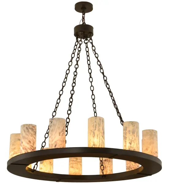 Blending an old world style with an organic transitional design; Loxley is custom crafted with a dozen Natural Jadestone Cylindres in White and Moss Green on a decorative ring that is hand finished in a Timeless Bronze. Ideal for illuminating dining areas; conference tables; lobbies and other residential and commercial spaces. The fixture is handcrafted by Meyda artisans in the USA; in our manufacturing facility in Yorkville; New York. Custom colors; styles and sizes are available. Dimmable energy efficient lamping options are offered.