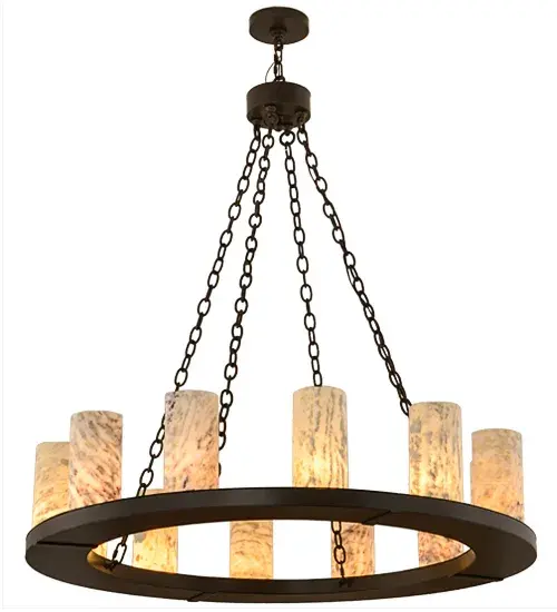 Blending an old world style with an organic transitional design; Loxley is custom crafted with a dozen Natural Jadestone Cylindres in White and Moss Green on a decorative ring that is hand finished in a Timeless Bronze. Ideal for illuminating dining areas; conference tables; lobbies and other residential and commercial spaces. The fixture is handcrafted by Meyda artisans in the USA; in our manufacturing facility in Yorkville; New York. Custom colors; styles and sizes are available. Dimmable energy efficient lamping options are offered. - alternate view