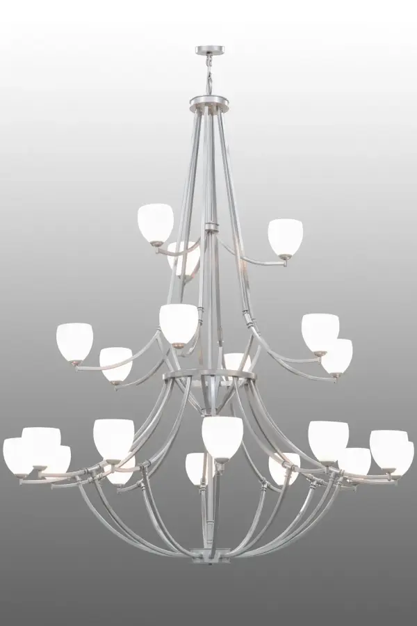 A modern interpretation of a traditional chandelier, three tiers embrace White glass goblet styled shades. The elegant, yet sturdy structure, is crafted of Nickel finished solid steel by highly skilled artisans who create beautiful lighting in our 180,000 square foot manufacturing facility in Yorkville, New York. Choose from an extensive custom palette of lighting designs, sizes, colors, styles and energy efficient lamping options. UL and cUL listed for dry and damp locations. Collection: Everett Finish: Nickel Glass: White Glass Width: 84.00" Height: 110.00" Length: 84.00" Weight: 153.00 lb Number of Bulbs: 21 Maximum Wattage: 40.00 W Bulb Type: CA10 Bulb Base: Medium Material: Steel Country of Origin: USA Safety Listing: Damp Safety Rating: Damp