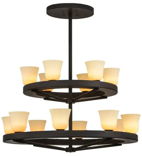 Create a warming; welcoming effect with this distinctive fixture for an entryway; grand dining room or lobby. The transitional 2-Tier Chandelier features the charm of restoration-styled Tawnyrock Idalight bell shades paired with the strength of solid steel rings finished in a deep Dark Roast finish. The fixture is custom crafted by skillful artisans in our 180;000 square foot manufacturing facility in Yorkville; New York. Custom sizes; styles; colors and dimmable energy efficient lamping options are available. The pendant is UL and cUL listed for dry and damp locations. - alternate view