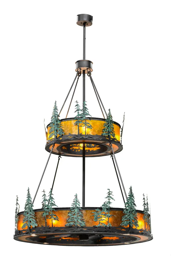 Rustic charm meets engineering innovation. A fan-tastic; energy efficient decorating idea for a home; retail or hospitality location; this custom crafted Chandel-Air depicts a Green Verdigris-finished Tall Pines design on two tiers of Amber Mica with hardware and accents depicted in a Wrought Iron finish. The modern marvel combines a ceiling fan within a handsome lighting fixture that includes inner lights on each tier for decorative lighting; 4 downlights for task lighting and 4 uplights for ambient lighting. Handcrafted in Yorkville; New York by Meyda artisans; this energy-saving "Chandel-Air" pulls hot air up and keeps the space cool in the summer; and reversed in the winter to push down hot air and maintain warmth. Dimmable energy efficient lamping options are available.