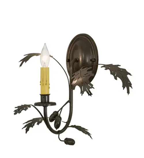 Rustic charm is revealed with this elegant, nature inspired design as stunning Oak leaves and branches adorn this graceful faux candlelight, which is complemented with hardware finished in a Timeless Bronze. The most powerful of all trees, the mighty Oak and all of its leaves represent courage and strength. The fixture is handcrafted in Meyda's manufacturing facility, at the foothills of the Adirondack Mountains in the USA. Collection: Oak Leaf & Acorn Finish: Timeless Bronze Glass: Black,Clear Width: 11.00" Height: 14.00" Length: 12.00" Weight: 1.00 lb Extension from Wall: 12.00" Number of Bulbs: 1 Maximum Wattage: 60.00 W Bulb Type: B10 Bulb Base: E12 Light Source: Halogen Material: Steel Country of Origin: USA Safety Listing: Damp Safety Rating: Damp - alternate view