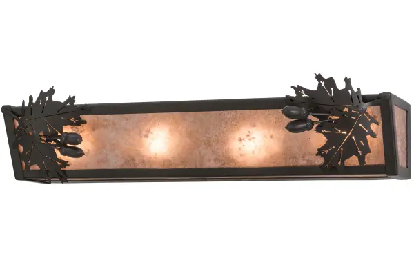 Stunning Oak leaves and acorns flourish from branches that adorn Silver Mica, which is complemented with accents and hardware finished in Timeless Bronze. The most powerful of all trees, the mighty Oak and all of its leaves represent courage and strength. This fixture is perfect as a vanity light in a bath or for use as a wall sconce in a corridor. The fixture was handcrafted in our facility at the foothills of the Adirondack Mountains in the US. Collection: Oak Leaf & Acorn Finish: Timeless Bronze Glass: Silver Mica Width: 24.00" Height: 5.50" Length: 6.50" Weight: 5.50 lb Extension from Wall: 6.50" Number of Bulbs: 4 Maximum Wattage: 60.00 W Bulb Type: A19 Bulb Base: E26 Material: Steel Country of Origin: USA Safety Listing: Damp Safety Rating: Damp
