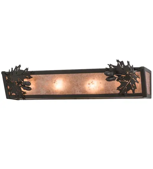 Stunning Oak leaves and acorns flourish from branches that adorn Silver Mica, which is complemented with accents and hardware finished in Timeless Bronze. The most powerful of all trees, the mighty Oak and all of its leaves represent courage and strength. This fixture is perfect as a vanity light in a bath or for use as a wall sconce in a corridor. The fixture was handcrafted in our facility at the foothills of the Adirondack Mountains in the US. Collection: Oak Leaf & Acorn Finish: Timeless Bronze Glass: Silver Mica Width: 24.00" Height: 5.50" Length: 6.50" Weight: 5.50 lb Extension from Wall: 6.50" Number of Bulbs: 4 Maximum Wattage: 60.00 W Bulb Type: A19 Bulb Base: E26 Material: Steel Country of Origin: USA Safety Listing: Damp Safety Rating: Damp - alternate view