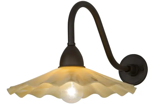 Creating an eclectic lighting design to complement a wide range of interior decor; Galatia features scalloped Beige art glass which was formed in a high-firing kiln. The fixture's gooseneck arm and backplate are finished in an Oil Rubbed Bronze. For a specific look; designers and end users can select from a variety of hardware styles; finishes and glass colors. Custom crafted in Yorkville; New York.