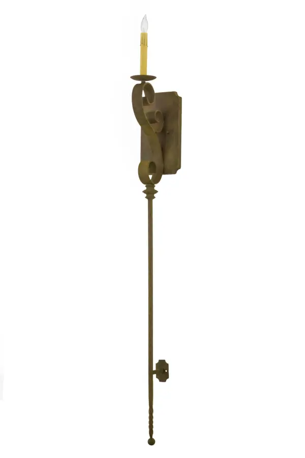 Step back in time with handsome old world styling that greets a distinctive sophisticated look. A Faux Ivory candlelight is perched atop of a custom bobeche accented with a very long slender decorative stem that is embellished with a ballpoint accent and attached to the wall with a scroll-like backplate and a miniature wall canopy on the bottom. Stunning hardware is hand forged and hand finished in an Organic Rust hue. Ideal for hallways, foyers and other spaces in homes, restaurants, pubs, hotels and other interiors. Custom crafted in our 180,000 square foot manufacturing facility in Yorkville, New York. Custom sizes, styles, colors and dimmable energy efficient lamping options available. UL and cUL listed for dry and damp locations. Collection: Cipriana Finish: Organic Rust Glass: Ruby,Green,Chocolate,Beige Width: 6.00" Height: 54.00" Length: 7.00" Weight: 6.00 lb Extension from Wall: 7.00" Number of Bulbs: 1 Maximum Wattage: 40.00 W Bulb Type: B10 Bulb Base: E12 Material: Steel Country of Origin: USA Safety Listing: Damp Safety Rating: Damp