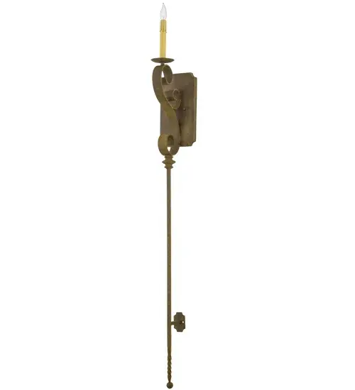 Step back in time with handsome old world styling that greets a distinctive sophisticated look. A Faux Ivory candlelight is perched atop of a custom bobeche accented with a very long slender decorative stem that is embellished with a ballpoint accent and attached to the wall with a scroll-like backplate and a miniature wall canopy on the bottom. Stunning hardware is hand forged and hand finished in an Organic Rust hue. Ideal for hallways, foyers and other spaces in homes, restaurants, pubs, hotels and other interiors. Custom crafted in our 180,000 square foot manufacturing facility in Yorkville, New York. Custom sizes, styles, colors and dimmable energy efficient lamping options available. UL and cUL listed for dry and damp locations. Collection: Cipriana Finish: Organic Rust Glass: Ruby,Green,Chocolate,Beige Width: 6.00" Height: 54.00" Length: 7.00" Weight: 6.00 lb Extension from Wall: 7.00" Number of Bulbs: 1 Maximum Wattage: 40.00 W Bulb Type: B10 Bulb Base: E12 Material: Steel Country of Origin: USA Safety Listing: Damp Safety Rating: Damp - alternate view