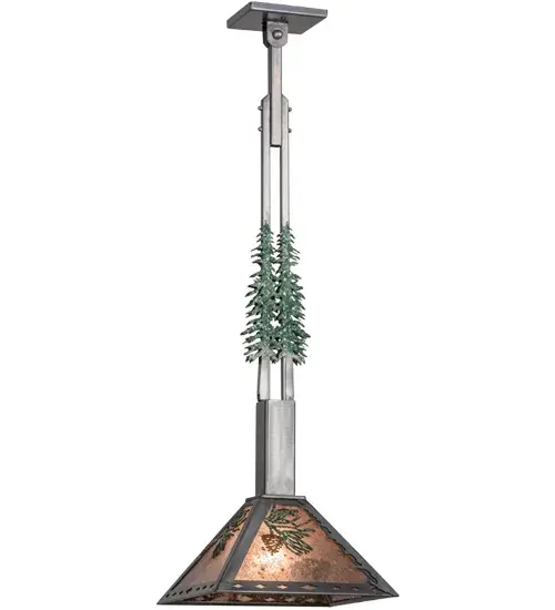 Delicate Pinecones and Pine Needles adorn a stunning Silver Mica Shade. The Pine Needles are hand painted in a Green finish to match Pine Tree Silhouettes that accent the suspension rods. Brown finished Pinecones are also featured on the shade which is enhanced with hardware in a Steel finish. Designed to mount on sloped or flat ceilings and ideal for illuminating dining tables, kitchen islands, counters and bars to make a dramatic design statement in timber frame homes and other residential and hospitality settings. Made to Order in our 180,000 sq ft manufacturing facility in Yorkville, NY, at the foothills of the Adirondack Mountains. Custom sizes, shade designs and metal finishes available. UL and cUL listed for damp and dry locations. Collection: Winter Pine Finish: Industrial Steel/Green/Rust Glass: Silver Mica Width: 16.50" Height: 37.00" Length: 12.00" Weight: 7.00 lb Number of Bulbs: 1 Maximum Wattage: 60.00 W Bulb Type: A19 Bulb Base: E26 Material: Steel Country of Origin: USA Safety Listing: Damp Safety Rating: Damp - alternate view
