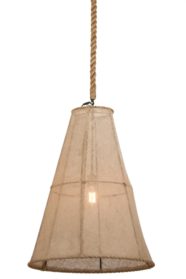 This unique lighting design features Beige Burlap hand woven on a cone shaped steel frame. The fixture, which is custom crafted by Meyda artisans in Upstate New York in the USA, is suspended from the ceiling with a Manila colored rope. This pendant is available in custom colors, sizes, styles and energy efficient lamping. Collection: Empire Finish: Black Glass: Burlap Width: 24.00" Height: 84.00" Length: 24.00" Weight: 8.00 lb Number of Bulbs: 1 Maximum Wattage: 60.00 W Bulb Type: Medium Bulb Base: E26 Light Source: CFL Material: Steel Country of Origin: USA Safety Listing: Damp Safety Rating: Damp