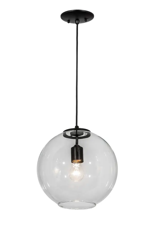 Designed with a round profile; this attractive ceiling fixture defines a distinctive industrial aesthetic. The lens reveals an Edison-styled bulb within the Clear Glass orb that provides ambient illumination. The fixture is complemented with hardware featured in a Textured Black finish. The overall height of the pendant ranges from 14 to 122 inches; as the cord can be easily adjusted in the field to meet your lighting requirements. The pendant is ideal for installing above bars; counters; and dining tables in residential and hospitality locations from Cleveland; Ohio; Aurora; Colorado; to Sioux Falls; South Dakota. The Bola Pendant is included in our American-made; American-designed; handcrafted Modern Collection and manufactured in Yorkville; New York. UL and cUL listed for dry and damp locations.