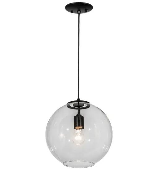 Designed with a round profile; this attractive ceiling fixture defines a distinctive industrial aesthetic. The lens reveals an Edison-styled bulb within the Clear Glass orb that provides ambient illumination. The fixture is complemented with hardware featured in a Textured Black finish. The overall height of the pendant ranges from 14 to 122 inches; as the cord can be easily adjusted in the field to meet your lighting requirements. The pendant is ideal for installing above bars; counters; and dining tables in residential and hospitality locations from Cleveland; Ohio; Aurora; Colorado; to Sioux Falls; South Dakota. The Bola Pendant is included in our American-made; American-designed; handcrafted Modern Collection and manufactured in Yorkville; New York. UL and cUL listed for dry and damp locations. - alternate view