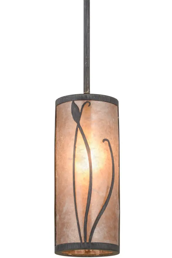 Offering an appealing Nouveau look, a long, slender Tulip flower grows towards the warm sun of spring on a stunning Silver Mica cylindrical shade, which is enhanced with decorative accents and hardware featured in an Antique Iron Gate finish. This pendant is handcrafted by Meyda artisans in our manufacturing facility at the foothills of the Adirondack Mountains. Custom sizes, styles, colors and energy efficient lamping options are available. Collection: Linifolia Finish: Antique Iron Gate Glass: Silver Mica Width: 5.00" Height: 14.00" Length: 5.00" Weight: 3.00 lb Number of Bulbs: 1 Maximum Wattage: 12.00 W Bulb Type: A19 Bulb Base: GU24 Light Source: LED Material: Steel Country of Origin: USA Safety Listing: Damp Safety Rating: Damp LED