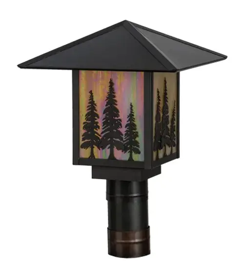 With shafts of beauty towering heavenly high; Tall Pine trees stand upright like sentries saluting the sky while raising up through the clouds above. Beautiful ambient light shines through Beige Iridescent glass like the warm light of the sun. The Arts & Crafts inspired lantern is created of Solid Brass and finished in Craftsman Brown by Meyda artisans; at the foothills of New York's picturesque Adirondack Mountains. Made in the USA. - alternate view