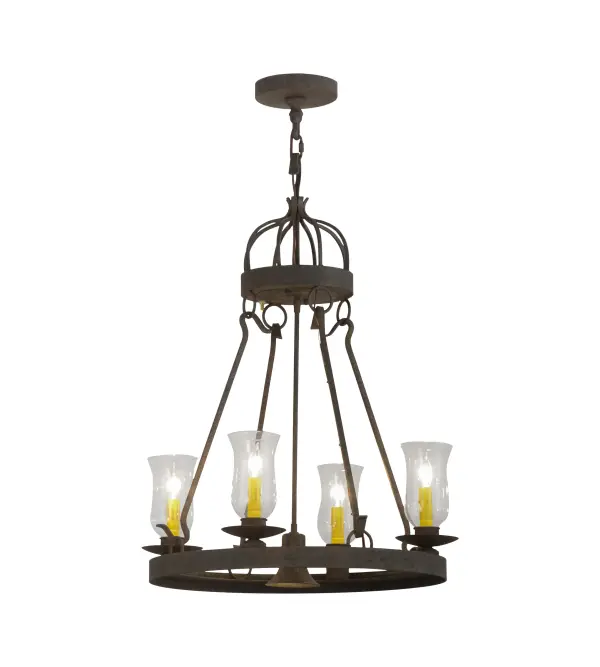 Blending an exquisite style with a rich distinguished look; the Lakeshore features a Coffee Bean finished steel ring that provides timeless beauty and beautiful illumination. Four Amber faux candlelights surrounded by Clear Glass Hurricane Shades perched on bobeches; make this fixture ideal for illuminating dining areas; conference tables; lobbies and other residential and commercial spaces. An MR16 downlight delivers functional illumination on surfaces below. The fixture is handcrafted by artisans in the USA in our manufacturing facility in Yorkville; New York.