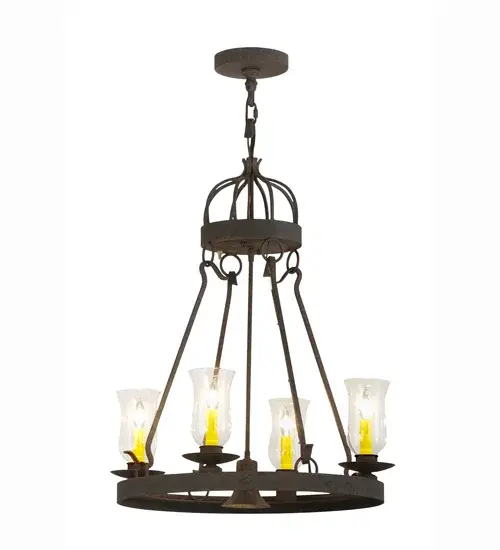 Blending an exquisite style with a rich distinguished look; the Lakeshore features a Coffee Bean finished steel ring that provides timeless beauty and beautiful illumination. Four Amber faux candlelights surrounded by Clear Glass Hurricane Shades perched on bobeches; make this fixture ideal for illuminating dining areas; conference tables; lobbies and other residential and commercial spaces. An MR16 downlight delivers functional illumination on surfaces below. The fixture is handcrafted by artisans in the USA in our manufacturing facility in Yorkville; New York. - alternate view