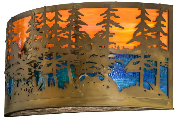 A nature inspired stand of Tall Pine trees are featured on this diffuser combining Sunset Sky glass and Blue-Green art glass that are enhanced by a frame finished in Antique Copper. Custom crafted in Yorkville; NY; at the foothills of the Adirondack Mountains.