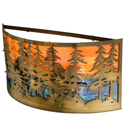 A nature inspired stand of Tall Pine trees are featured on this diffuser combining Sunset Sky glass and Blue-Green art glass that are enhanced by a frame finished in Antique Copper. Custom crafted in Yorkville; NY; at the foothills of the Adirondack Mountains. - alternate view