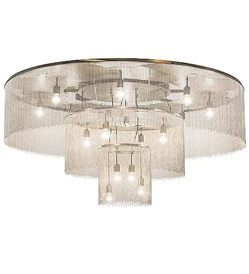 Like the gentle flow of a water fountain with tiny droplets dancing in mid-air; you can almost hear the pitter-patter as it creates soft ripples in the imaginary pool below. Beautiful ambient light evokes from 16 customer supplied lamps embraced from three tiers of this lovely ceiling fixture. Antique Copper powder coated hardware is enhanced with graceful veils of Stainless Steel ball chains. Handcrafted in our 180;000 square foot manufacturing facility in Yorkville; New York. Available in custom sizes and finishes. UL and cUL listed for damp and dry locations. - alternate view