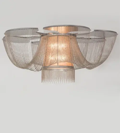 Like the gentle flow of a water fountain with tiny droplets dancing in mid-air; you can almost hear the pitter-patter as it creates soft ripples in the imaginary pool below. Beautiful ambient light evokes from a tapered Silver Mica shade which is complemented with a Statuario Idalight bottom diffuser and Nickel finished hardware. Handcrafted in the USA; this flushmount is available in custom designs; sizes and finishes; as well as dimmable energy efficient lamping options. The fixture is UL and cUL listed for damp and dry locations. - alternate view