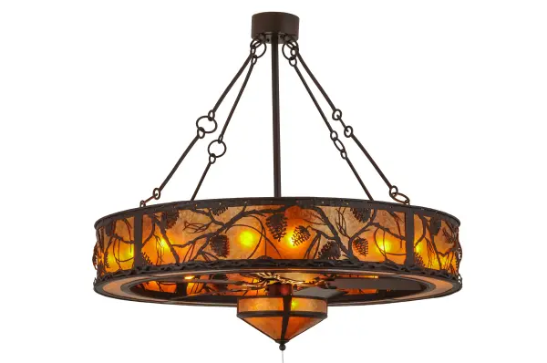 Listen closely. You can almost hear the soft whisper of the pine branches as they dance in the wind through this magnificent creation combining custom lighting and fan technologies. Enjoy the warm ambiance of beautiful light diffused through Amber Mica featuring stunning pinecone and pine branch designs; with a matching fan light below the fan. Whether you call it a Chandel-Air or a Fan-de-Light to benefit from the gentle breezes produced from the 40 inch Fan spinning quietly in the center. The fixture is featured in a handsome Cafe Noir finish and handcrafted by Meyda artisans in Yorkville; New York. Custom sizes; styles and colors are available; as well as dimmable energy efficient lamping options.