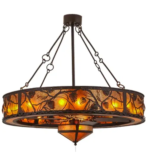 Listen closely. You can almost hear the soft whisper of the pine branches as they dance in the wind through this magnificent creation combining custom lighting and fan technologies. Enjoy the warm ambiance of beautiful light diffused through Amber Mica featuring stunning pinecone and pine branch designs; with a matching fan light below the fan. Whether you call it a Chandel-Air or a Fan-de-Light to benefit from the gentle breezes produced from the 40 inch Fan spinning quietly in the center. The fixture is featured in a handsome Cafe Noir finish and handcrafted by Meyda artisans in Yorkville; New York. Custom sizes; styles and colors are available; as well as dimmable energy efficient lamping options. - alternate view