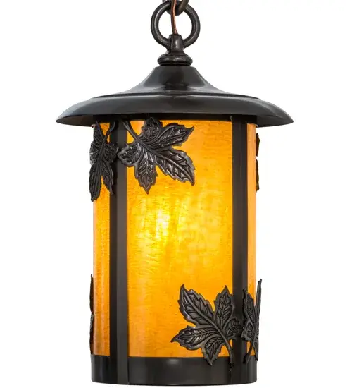 Custom crafted of Solid Brass for beautiful indoor and outdoor lighting applications. This handsome cylindrical styled lantern is designed with Honey Art Glass featuring stunning Maple Leaf accents with matching hardware finished in a Craftsman Brown. One of North America's favorite shade and ornamental trees; Maples represent a loving spirit that sharpen our intuition and strengthen our creativity and health. Overall height ranges from 18 to 23 inches as the chain can be easily adjusted in the field. The Fulton Maple Leaf Pendant is included in our American made; American designed handcrafted Craftsman Signature Lighting Series. Manufactured in Yorkville; New York. UL and cUL listed for dry and damp locations. - alternate view