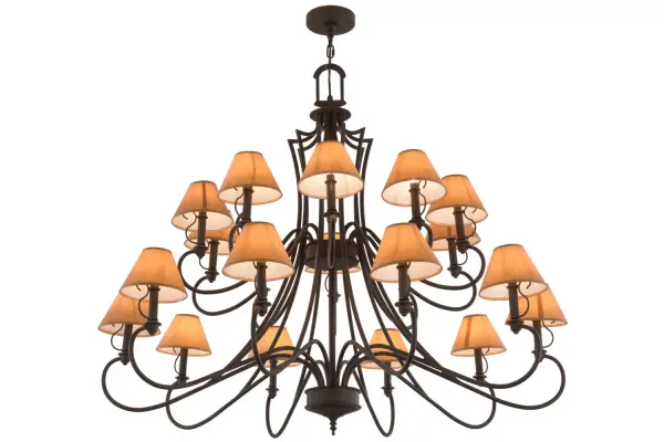 The Jupiter chandelier blends classic and timeless styling. This chandelier is perfect for today's interiors and adds a finishing touch to living areas, lobbies, and other spaces. 20 Complementary faux candlelights are crowned with Parchment Shades and enhanced with a Classic Rust finish. The overall height ranges from 52 to 123 inches, and the chain length can be easily adjusted on location to meet your precise lighting needs. The Jupiter 20 Light Chandelier is featured in our American-made, American-designed, handcrafted Transitional Lighting Collection, which is manufactured in Yorkville, NY. UL and cUL are listed for dry and damp locations, however, we do not recommend installing them in spaces that experience a large amount of moisture due to the fabric shades. Collection: Jupiter Finish: Classic Rust Glass: Parchment Width: 54.00" Height: 52.00" Length: 54.00" Weight: 40.00 lb Extension from Wall: 2.50" Number of Bulbs: 20 Maximum Wattage: 40.00 W Bulb Type: B10 Bulb Base: E12 Material: Steel Country of Origin: USA Safety Listing: Damp Safety Rating: Damp