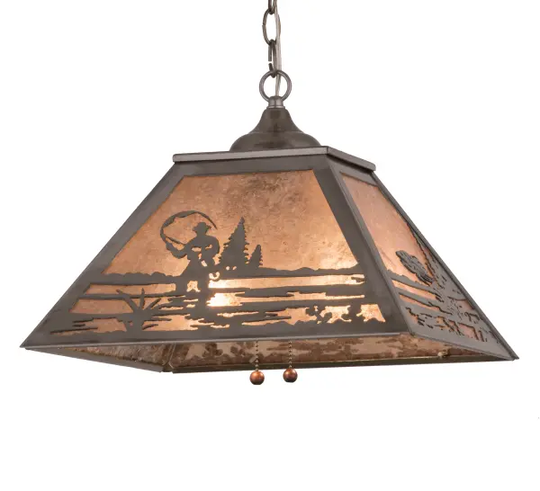 A fly fisherman casts his line into tranquil waters on this handsome four sided pendant shade. The fixture is finished in Steel; has Silver mica panels; and is handcrafted in the USA by Meyda artisans.