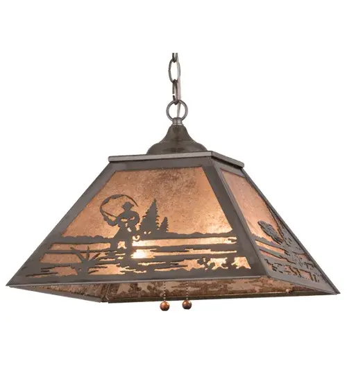 A fly fisherman casts his line into tranquil waters on this handsome four sided pendant shade. The fixture is finished in Steel; has Silver mica panels; and is handcrafted in the USA by Meyda artisans. - alternate view