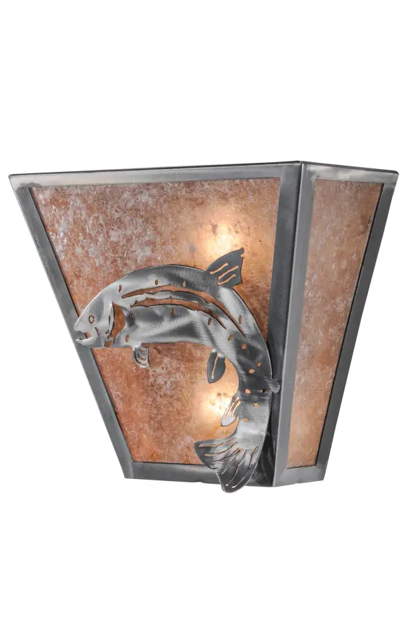 The North Woods Trout is depicted on this rustic wall sconce. Hand made In the USA by Meyda Tiffany craftsman, this fixture is finished in Steel with Silver mica. Collection: Leaping Trout Finish: Industrial Steel Glass: Silver Mica Width: 13.00" Height: 11.50" Length: 6.00" Weight: 3.50 lb Extension from Wall: 6.00" Number of Bulbs: 2 Maximum Wattage: 60.00 W Bulb Type: A19 Bulb Base: E26 Material: Steel Country of Origin: USA Safety Listing: Damp Safety Rating: Damp