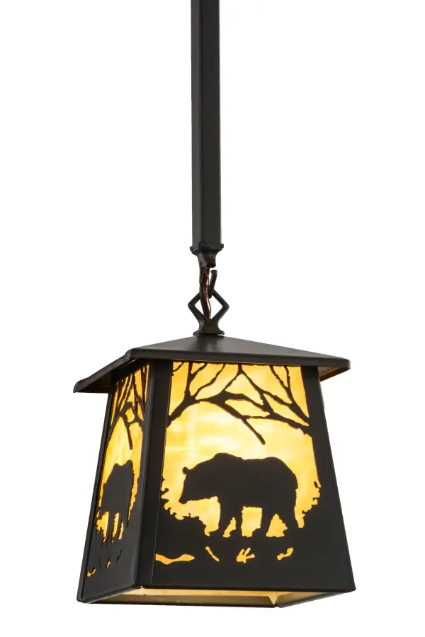 Drawing inspiration from the wildlife and natural beauty in the nearby Adirondack Mountains, this stunning fixture depicts a majestic Bear wandering through the woodlands as the morning sun rises in the background. A warm ambient glow projects through Beige art glass complemented with a frame and hardware featured in a Timeless Bronze finish. Handcrafted by Meyda artisans in our Yorkville, NY facility, the pendant is perfect for placement in multiples along a bar in an inn, a dining table in a lodge, a counter in an outdoor retailer or an island in a camp or cabin. Custom colors, sizes and styles are available, as well as dimmable energy efficient lamping options. Collection: Bear At Dawn Finish: Timeless Bronze Glass: Beige Art Glass Width: 10.00" Height: 45.00" Length: 7.00" Weight: 7.00 lb Number of Bulbs: 1 Maximum Wattage: 60.00 W Bulb Type: A19 Bulb Base: E26 Material: Steel Country of Origin: USA Safety Listing: Damp Safety Rating: Damp