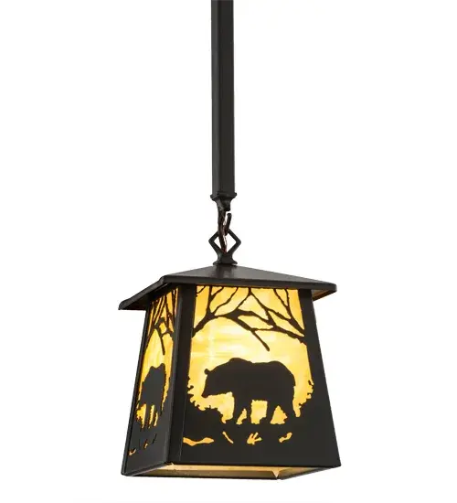 Drawing inspiration from the wildlife and natural beauty in the nearby Adirondack Mountains, this stunning fixture depicts a majestic Bear wandering through the woodlands as the morning sun rises in the background. A warm ambient glow projects through Beige art glass complemented with a frame and hardware featured in a Timeless Bronze finish. Handcrafted by Meyda artisans in our Yorkville, NY facility, the pendant is perfect for placement in multiples along a bar in an inn, a dining table in a lodge, a counter in an outdoor retailer or an island in a camp or cabin. Custom colors, sizes and styles are available, as well as dimmable energy efficient lamping options. Collection: Bear At Dawn Finish: Timeless Bronze Glass: Beige Art Glass Width: 10.00" Height: 45.00" Length: 7.00" Weight: 7.00 lb Number of Bulbs: 1 Maximum Wattage: 60.00 W Bulb Type: A19 Bulb Base: E26 Material: Steel Country of Origin: USA Safety Listing: Damp Safety Rating: Damp - alternate view