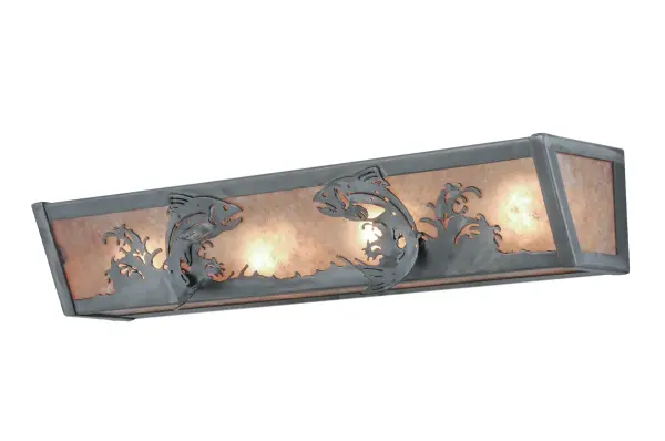 Fishing enthusiasts will cast their lines out in delight for this striking Trout, which is leaping out of the water in the woodland lake as the morning sun rises at dawn. Warm ambient light evokes from Silver Mica, which is complemented with decorative accents and hardware featured in a Steel finish. The fixture is perfect as a vanity light in a bath or a sconce in a hallway. It is handcrafted in the Meyda manufacturing facility, at the foothills of the Adirondack Mountain lake country, in the USA. Custom sizes, styles and colors are available, as well as dimmable energy efficient lamping options. Collection: Leaping Trout Finish: Steel Glass: Silver Mica Notes: Custom Crafted In Yorkville, New York Please Allow 30 Days Width: 5.50" Height: 4.50" Length: 24.00" Weight: 6.00 lb Extension from Wall: 24.00" Number of Bulbs: 4 Maximum Wattage: 60.00 W Bulb Type: A19 Bulb Base: E26 Material: Steel Country of Origin: USA Safety Listing: Damp Safety Rating: Damp